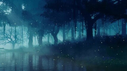 Wall Mural - fairytale woodland landscape with supernatural fairy firefly lights above calm forest river among ol