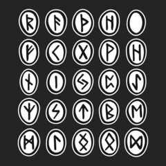 Wall Mural - Scandinavian magic runes. Fortune teller, prediction. Witchcraft tool. Ink illustration, set of elements. Isolated on dark background.