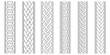 Braid borders. Abstract braids border set, religious knitted seamless ornaments, linear knitted striped decorative ropes vector graphics, weaving intertwined line patterns