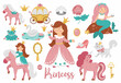 © Lexi Claus - Fairy tale princess collection. Big vector set of fantasy girl, carriage, mermaid, unicorn frog prince, swan. Medieval fairytale maid pack. Girlish cartoon magic icons with cute characters