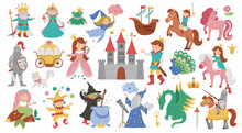 Fairy Tale Characters And Objects Collection. Big Vector Set Of Fantasy Princess, King, Queen, Witch, Knight, Unicorn, Dragon. Medieval Fairytale Castle Pack. Cartoon Magic Icons With Frog Prince