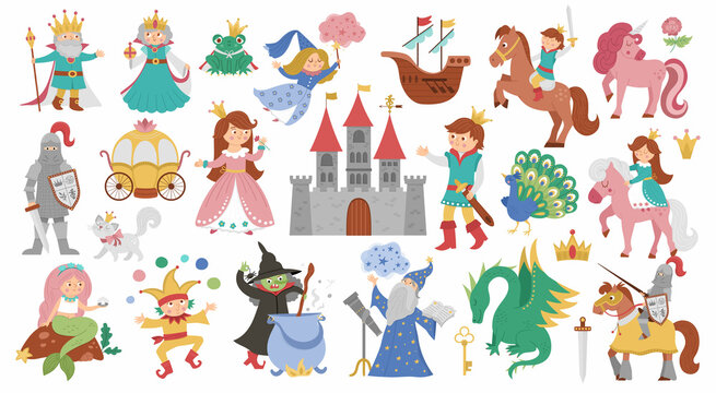 Fairy tale characters and objects collection. Big vector set of fantasy princess, king, queen, witch, knight, unicorn, dragon. Medieval fairytale castle pack. Cartoon magic icons with frog prince