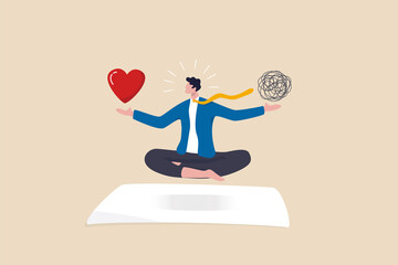 Stress management balance between work concentration and mental health, work life balance or meditation and relax, businessman meditate floating balancing messy chaos and work passion heart shape.