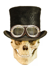 Steampunk Smiling Skull With Vintage Hat And Leather Goggles Isolated On White