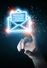 Fototapete - Man hand using digital email blue holographic interface 3D rendering