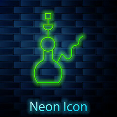 Poster - Glowing neon line Hookah icon isolated on brick wall background. Vector