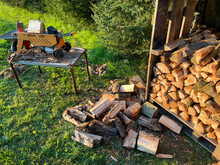 Firewood Is Split With A Log Splitter