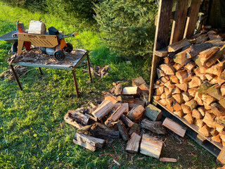 firewood is split with a log splitter