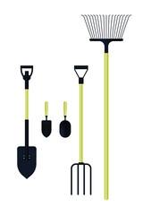 Gardening Tools. Modern Flat Vector Illustration. Shovel, Pitchfork, Garden Trowel, Rake. Social Media Template.