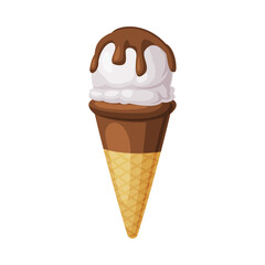 Wall Mural - Ice Cream Ball in Waffle Cone with Chocolate Topping as Frozen Dessert and Sweet Snack Vector Illustration