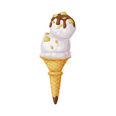 Poster - Ice Cream Ball in Waffle Cone with Nut and Chocolate Topping as Frozen Dessert and Sweet Snack Vector Illustration