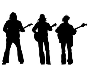 Canvas Print - Rock band musicians on stage. Isolated silhouettes on a white background