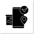 © Antstudio - Order pickup glyph icon. Smartphone with box, location point and check. Concept of safe self pick up service online order and post.Filled flat sign. Isolated silhouette vector illustration