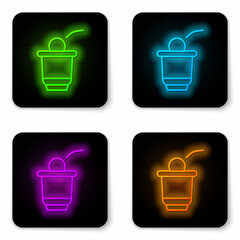 Sticker - Glowing neon line Beer pong game icon isolated on white background. Alcohol party game. Black square button. Vector