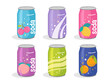 Cute Soda Cans Collection. Hand drawn adorable set of soft drinks in aluminum cans set. Modern colors soft drinks cans fancy illustrations. Trendy design of cans with lemon, cherry and bubbles. Vector