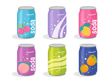 Cute Soda Cans Collection. Hand Drawn Adorable Set Of Soft Drinks In Aluminum Cans Set. Modern Colors Soft Drinks Cans Fancy Illustrations. Trendy Design Of Cans With Lemon, Cherry And Bubbles. Vector