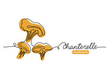 Chanterelle Wild Mushrooms Simple Vector Illustration. Single Line Art Drawing With Lettering Chanterelle Mushroom