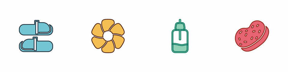 Wall Mural - Set Sauna slippers, Flower, Essential oil bottle and Bath sponge icon. Vector