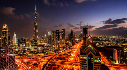 Panorama of down town Dubai modern city at night