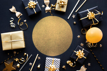 Wall Mural - merry christmas,xmas and new year celebration concepts with gift box and ornament in golden color on