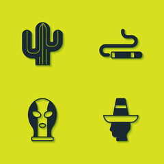 Poster - Set Cactus, Mexican man sombrero, wrestler and Cigar icon. Vector