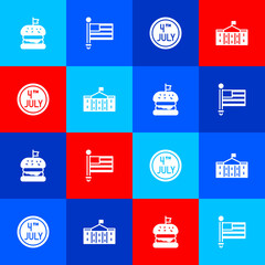 Sticker - Set Burger, American flag, Calendar with date July 4 and United States Capitol Congress icon. Vector