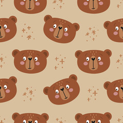 Poster - Teddy bear pattern design with bear heads hearts on rose background - funny hand drawn doodle, seamless pattern. Background or t-shirt textile graphic design. Wallpaper, wrapping paper, bedsheets.