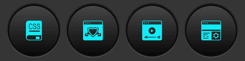 Set Books about programming, Browser with shield, Online play video and Debugging icon. Vector