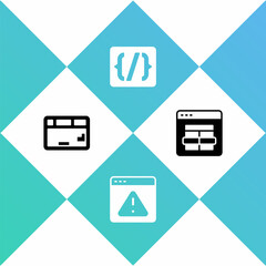 Set Keyboard, Browser with exclamation mark, Programming language syntax and MySQL code icon. Vector