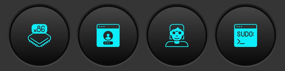 Set Processor with microcircuits CPU, Create account screen, Hacker coder and Code terminal icon. Vector