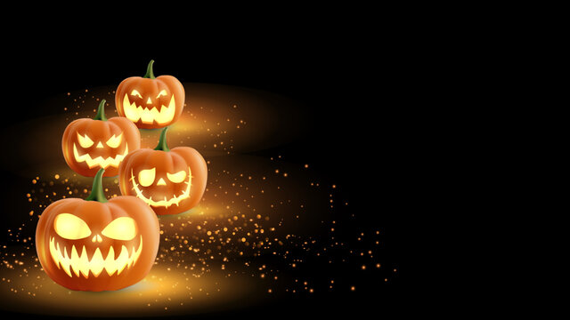 Realistic 3d pumpkins with scary smiling face on dark filed. Happy Halloween banner. Jack O Lantern party.	