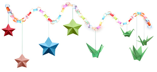 Wall Mural - Holiday paper stars and birds haning with paper chain