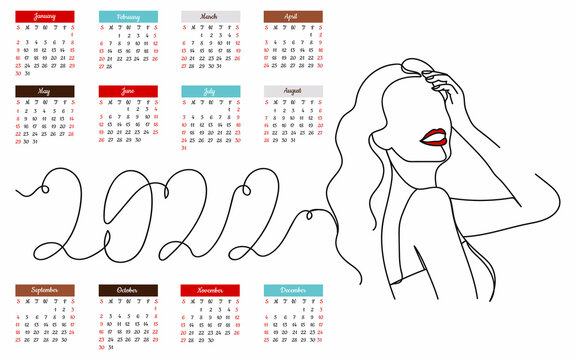2022  calendar date month holidays template with abstract surreal woman smiling in silhouette on a white background. Linear stylized.
