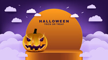 Happy Halloween Background With Night Clouds And Pumpkins In Paper Cut Art And Craft.