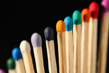 Matches With Colorful Heads On Black Background, Closeup