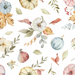 Wall Mural - watercolor vector seamless pattern with colorful pumpkins and leaves.