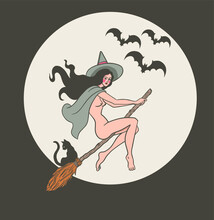 Witch On A Broomstick In A Hat With A Cat In Retro Style, Vintage Tattoo, Comic, Vector