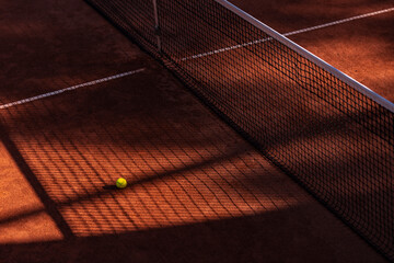 Canvas Print - Orange tennis court net  and ball with shadows. Horizontal sport poster, greeting cards, headers, website