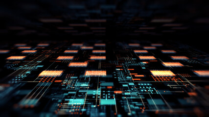 Printed circuit board futuristic server/The mother server is processing the data, Circuit board futuristic server code processing. Orange, red, blue technology background with bokeh. 3d rendering