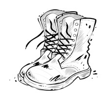 Pair Of Rough Boots For Work Or Army, Hand Drawn Vector Illustration, Monochrome