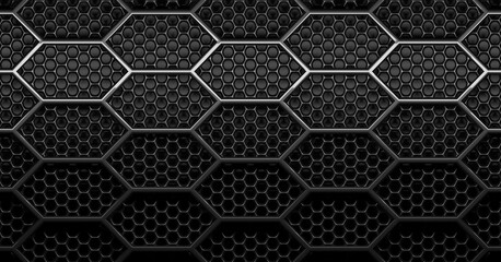 Double layer black, shiny round hexagon honeycomb grid grill background with light from above
