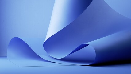 3d render, abstract background with blue folded ribbon, paper scroll macro