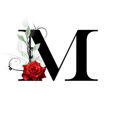 Floral monogram, letter M - decorated with red rose and watercolor leaves