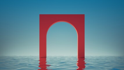 Canvas Print - 3d render. abstract panoramic background with red arch in the water, under the blue sky. modern mini