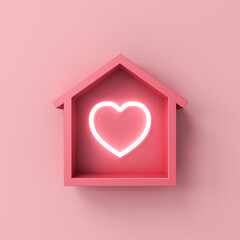 Aufkleber - Neon light heart in minimal house isolated on pink pastel color background with shadow 3D rendering