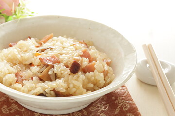 Wall Mural - Chinese food, dried shrimp and ham in sticky rice for homemade comfort food