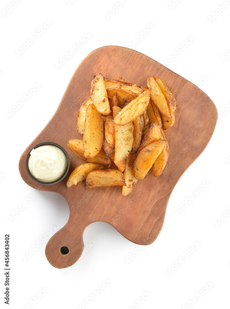 Wooden board with tasty baked potato on white background