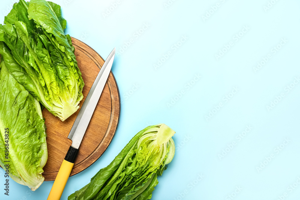 Board with fresh romaine lettuce on color background