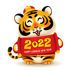 Wall Mural - Cute tiger with traditional costume hold Chinese scroll 2022. Chinese New Year. The year of the tiger.