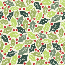 Winter Holidays Holly Foliage And Berries Vector Seamless Pattern. Modern Christmas Background. Colorful Minimal Hand-Drawn Print.